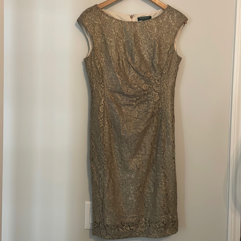 Lauren Ralph Lauren Gold Overlay Dress with Gathering Sz 8P EUC